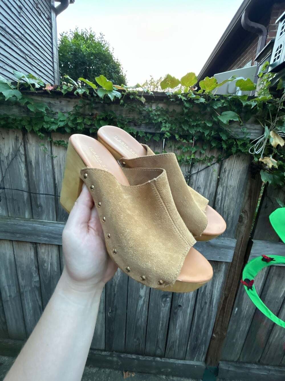 Anthropologie Tan Suede Leather Wood Platform Studded Clog Mules Size 7.5/8